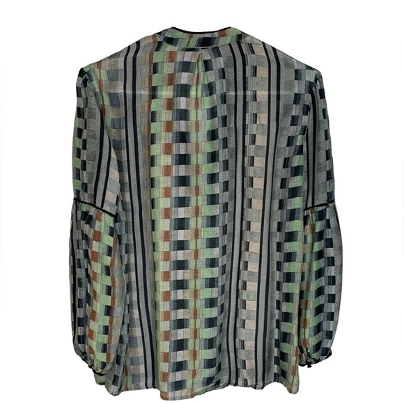 Anthropologie Lightweight Green Multi Color Checkered Long Sleeve Blouse - Picture 4 of 10